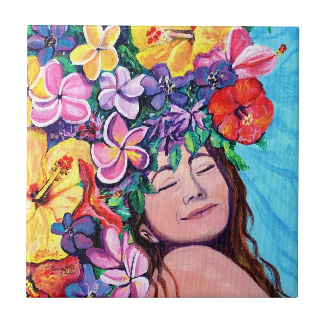 De Cerâmica Mulher com flores havaianas Azulejo cerâmico (Frente)