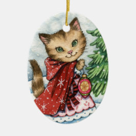 De Cerâmica Neve Sparkling - ornamento bonito do gato do Natal