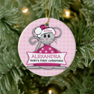 De Cerâmica O primeiro ornamento do mouse rosa-de-Natal do beb