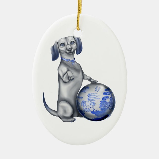 De Cerâmica Ornamento azul do Dachshund do salgueiro (Frente)