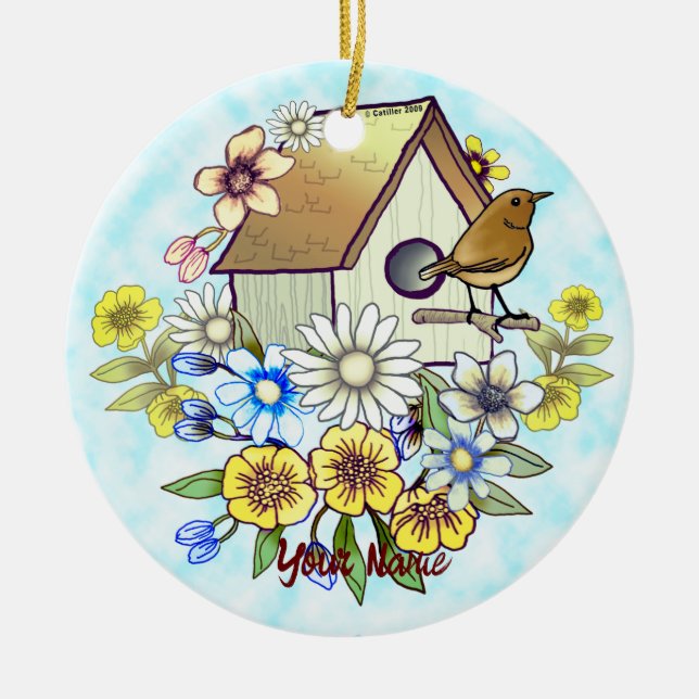 De Cerâmica ornamento Birdhouse Wren (Frente)
