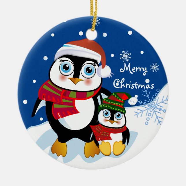 De Cerâmica Ornamento bonito dos pinguins do Natal com texto (Frente)