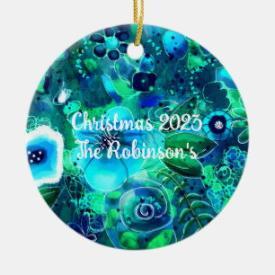 De Cerâmica Ornamento Cerâmico Personalizado - Teal Floral Abs