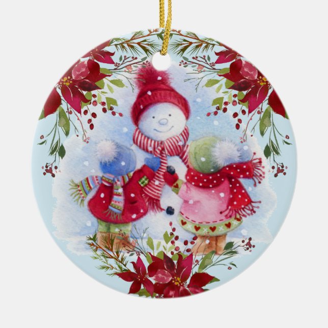 De Cerâmica Ornamento cerâmico Snowman e Crianças (Frente)