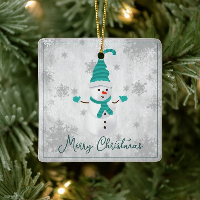 De Cerâmica Ornamento Cerâmico Teal Cute Snowman Holiday (Árvore)
