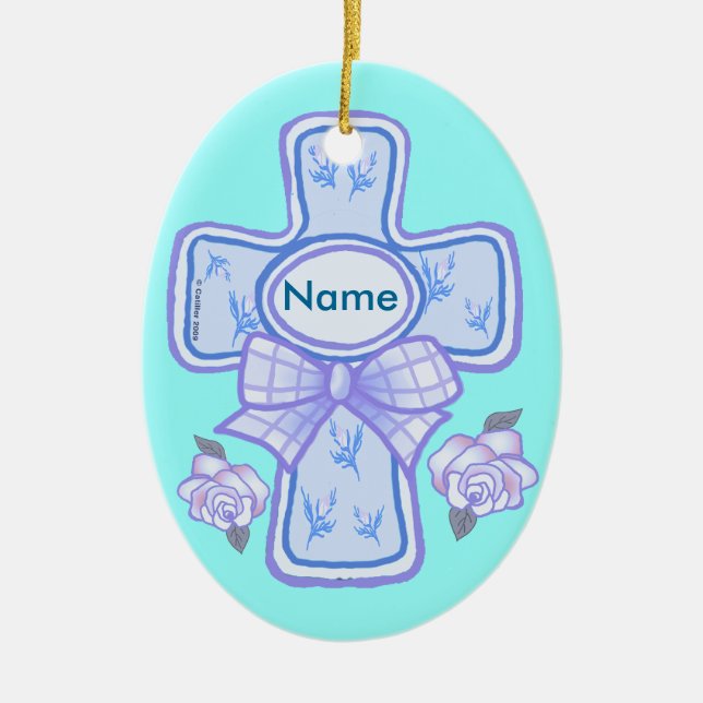 De Cerâmica Ornamento Cruz Cristã Arco Azul (Frente)