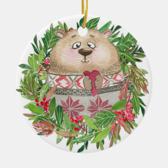 De Cerâmica Ornamento da Terra do Bear Christmas (Frente)