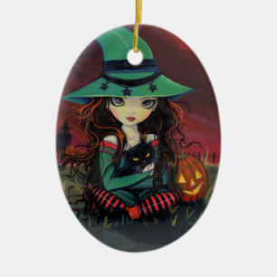 De Cerâmica Ornamento do Halloween Witch Cat e Jack-o-Lanterna