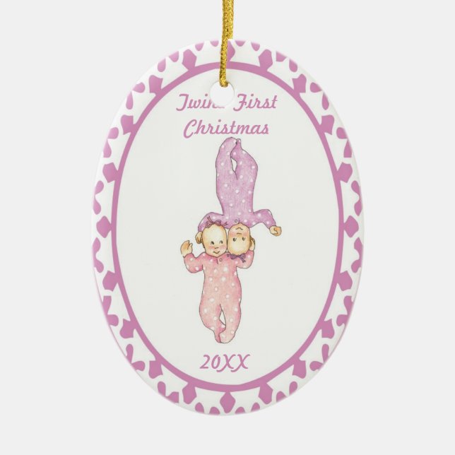 De Cerâmica Ornamento do Oval da menina do Natal dos gêmeos (Frente)