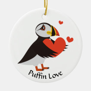 De Cerâmica Ornamento do Puffin Love Red Hearts