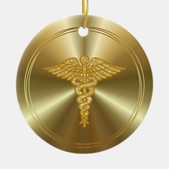 De Cerâmica Ornamento do Símbolo Médico do Ouro Caduceus (Frente)