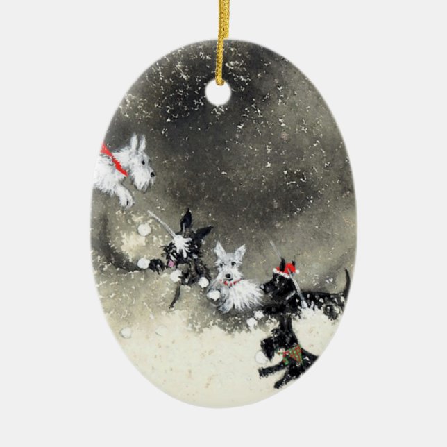 De Cerâmica Ornamento do Snowfight dos Scotties (Frente)