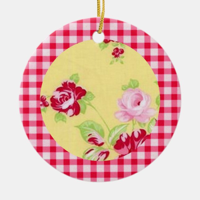 De Cerâmica Ornamento Floral Rosa Gingham (Frente)