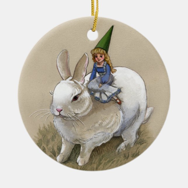 De Cerâmica Ornamento Gnome Lady E Rabbit Branco (Frente)