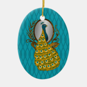 De Cerâmica Ornamento oval com o pavão que admira sua reflexão