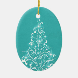 De Cerâmica Ornamento oval da árvore Sparkly do feriado, Aqua