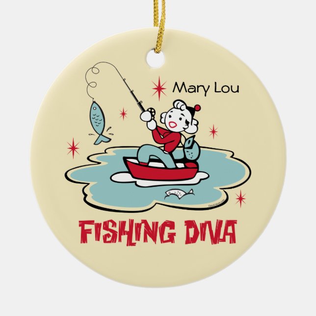 De Cerâmica Ornamento personalizado da pesca diva retro (Frente)
