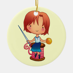 De Cerâmica Ornamento Sewing da menina