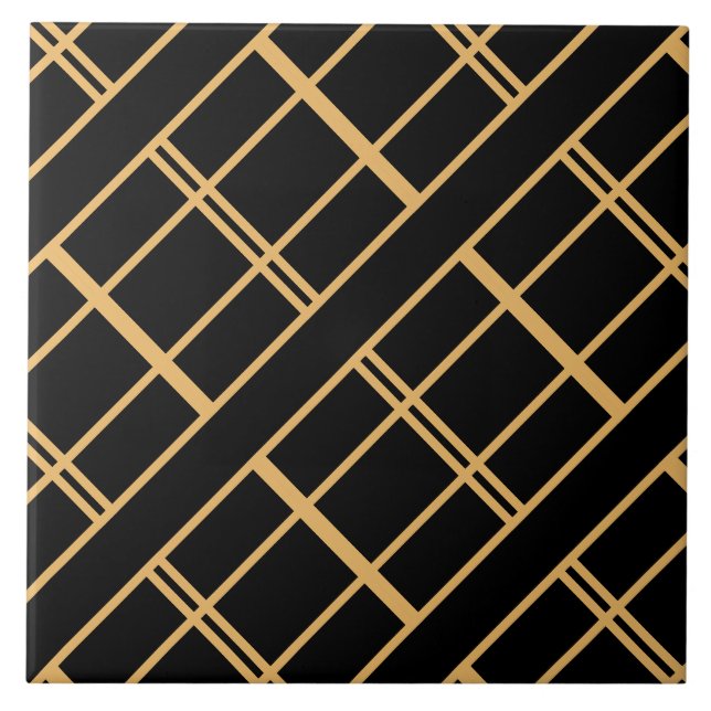 De Cerâmica Ouro Art Deco Stripes em Azulejo Preto (Frente)