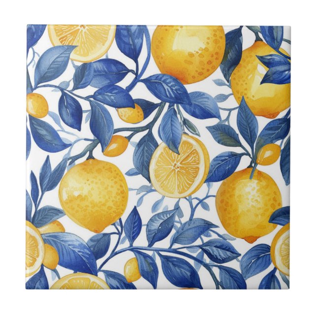 De Cerâmica Padrão Azulejo Lemons Blue Leaves (Frente)