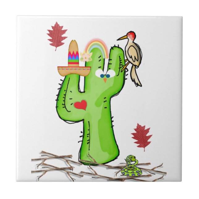De Cerâmica Pássaro Cactus Azulejo cerâmico (Frente)