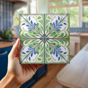 De Cerâmica Pat nº 14 Azulejo Floral Pintado Verde Azul ID1078