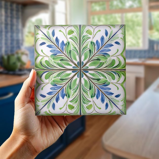 De Cerâmica Pat nº 14 Azulejo Floral Pintado Verde Azul ID1078 (Criador carregado)