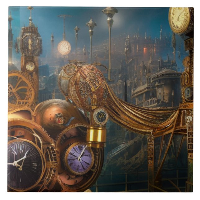 De Cerâmica Peixe-relógio futurista industrial Azulejo cerâmic (Frente)