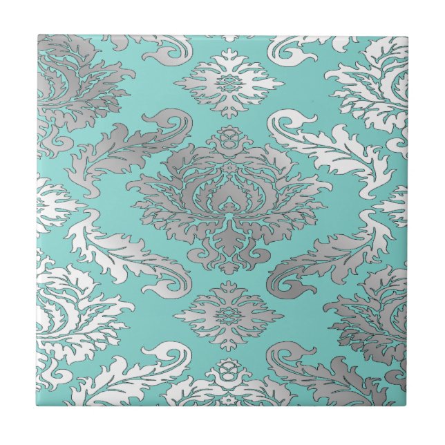 De Cerâmica Pequeno Azulejo Damask Azul Turquesa Chic Elegante (Frente)