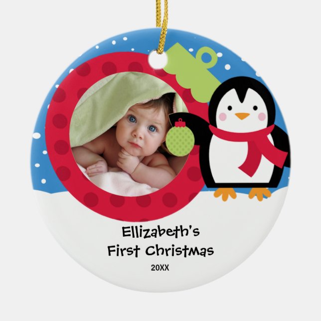 De Cerâmica Pinguim do ornamento da foto do Natal dos bebês (Frente)