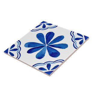 De Cerâmica Pintado com Azulejo Floral Azul-Mediterrâneo