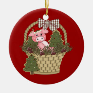 De Cerâmica Porco do Natal em um ornamento da cesta