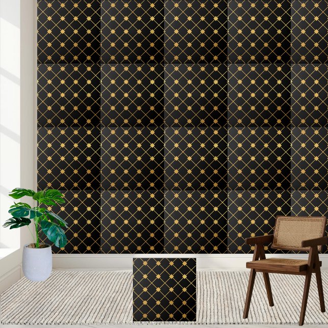 De Cerâmica Pré-disquete preto e Azulejo geométrico Dourado (Preppy Black and Gold Geometric Tile)