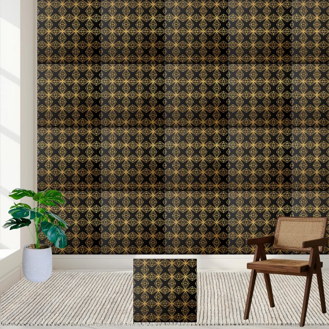 De Cerâmica Preto Geométrico Moderno e Azulejo Dourado (Modern Geometric Black and Gold Tile)