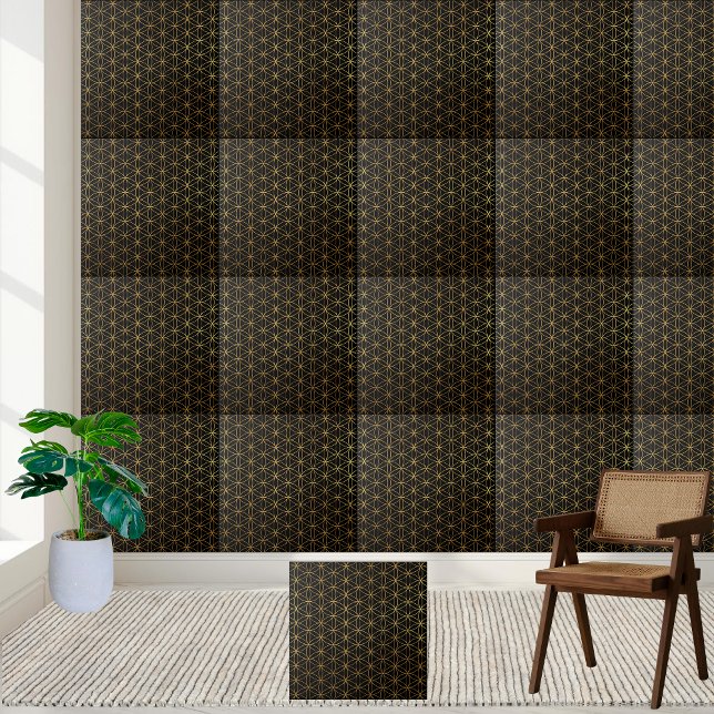 De Cerâmica Preto Profundo e Brilhando Dourada Flor do Azulejo (Deep Black and Shimmering Gold Flower of Life Tile)