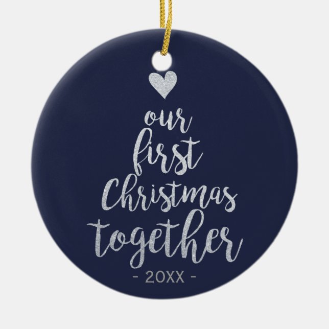 De Cerâmica Primeira do Natal prata junto e ornamento azul (Frente)