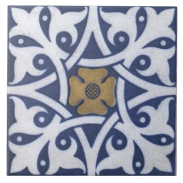 De Cerâmica Repro Azulejo Quatrefoil Gótico em Azul, Dourado e