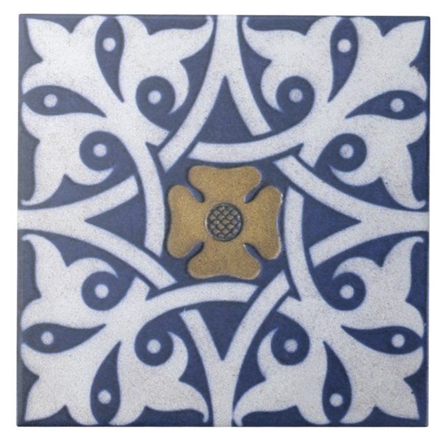 De Cerâmica Repro Azulejo Quatrefoil Gótico em Azul, Dourado e (Frente)
