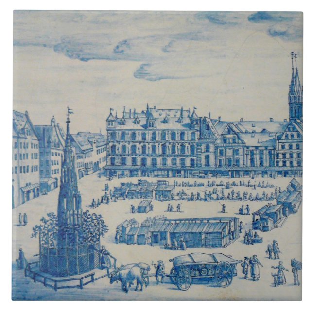 De Cerâmica Repro Delft Nuremberg Town Square Blue Azulejo (Frente)