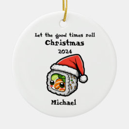 De Cerâmica Roll Sushi com um Boné Papai noel Ornamento Person