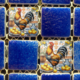 De Cerâmica Rooster and Lemons Azulejo Style Blue Orange Cream