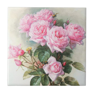 De Cerâmica Rosas cor-de-rosa do vintage que pintam o azulejo
