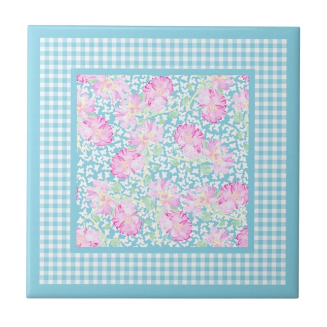 De Cerâmica Rosas rosa Borboletas brancas Gingham Azulejo cerâ (Frente)