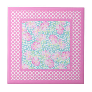 De Cerâmica Rosas rosa Borboletas brancas Polkas Azulejo cerâm