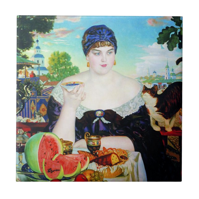 De Cerâmica Senhora Bebendo Chá com azulejo do gato (Frente)