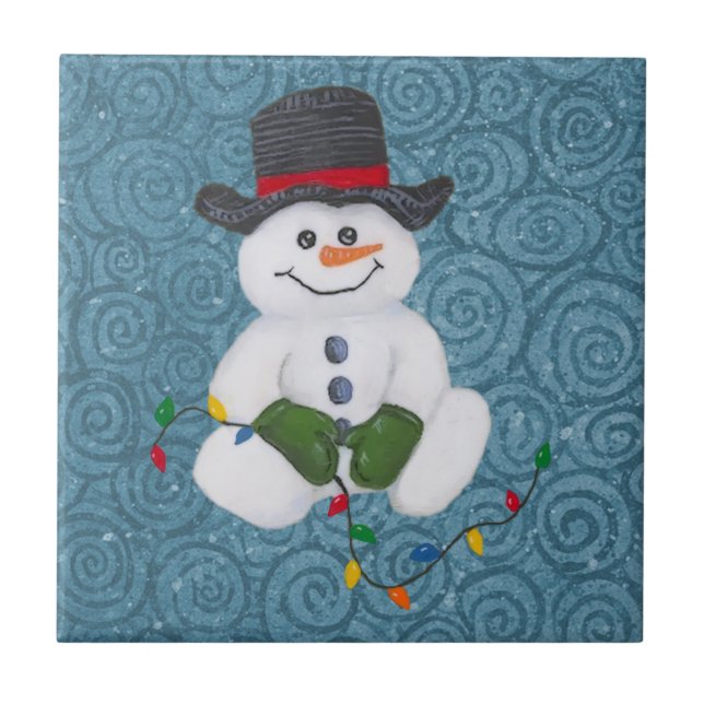 De Cerâmica Sentado Azulejo Snowman (Frente)