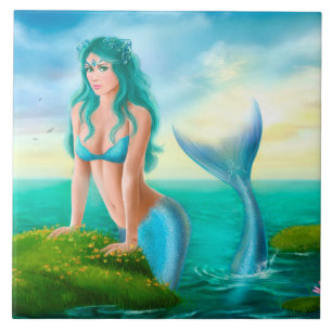 De Cerâmica Sereia do azulejo no mar