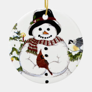 De Cerâmica Snowlady e cardinal doces, ornamento do chickadee