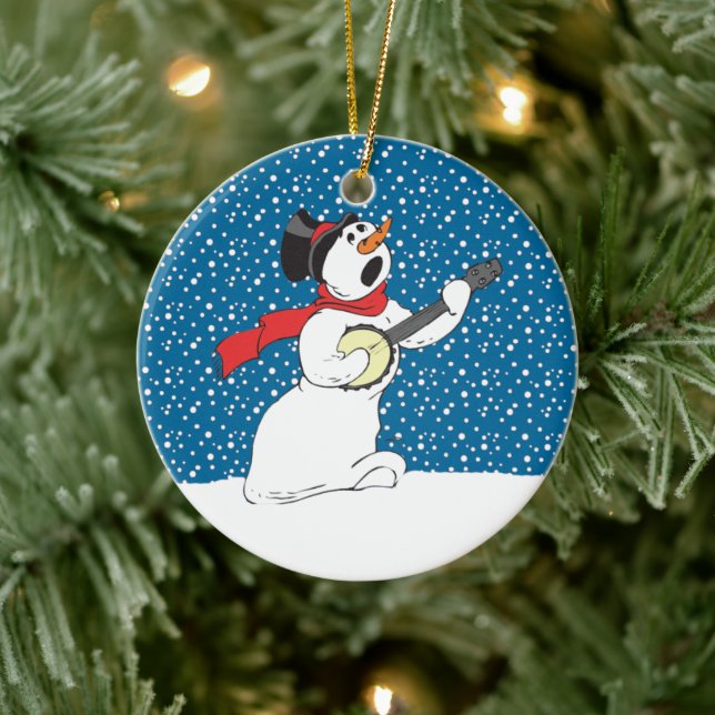 De Cerâmica Snowman A Tocar Ornamento Banjo (Árvore)