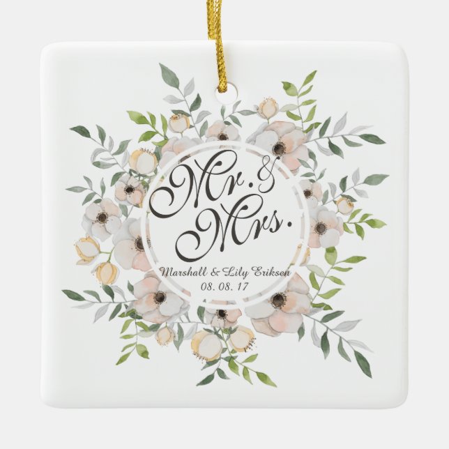 De Cerâmica Sr. & Sra. Floral Watercolor Wedding | Ornamento (Frente)